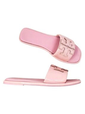 Tory Burch Double T Sport Slide Sandals Petunia Pink Leather 141380 Size 10.5 M